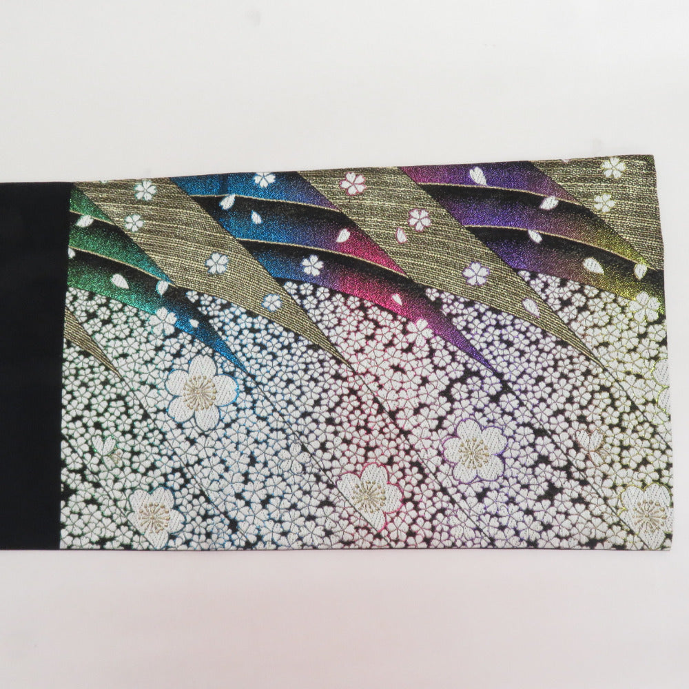 袋帯 振袖用 絹 桜吹雪紋様 ゴールドxブラックxホワイトx多色 ラメ  