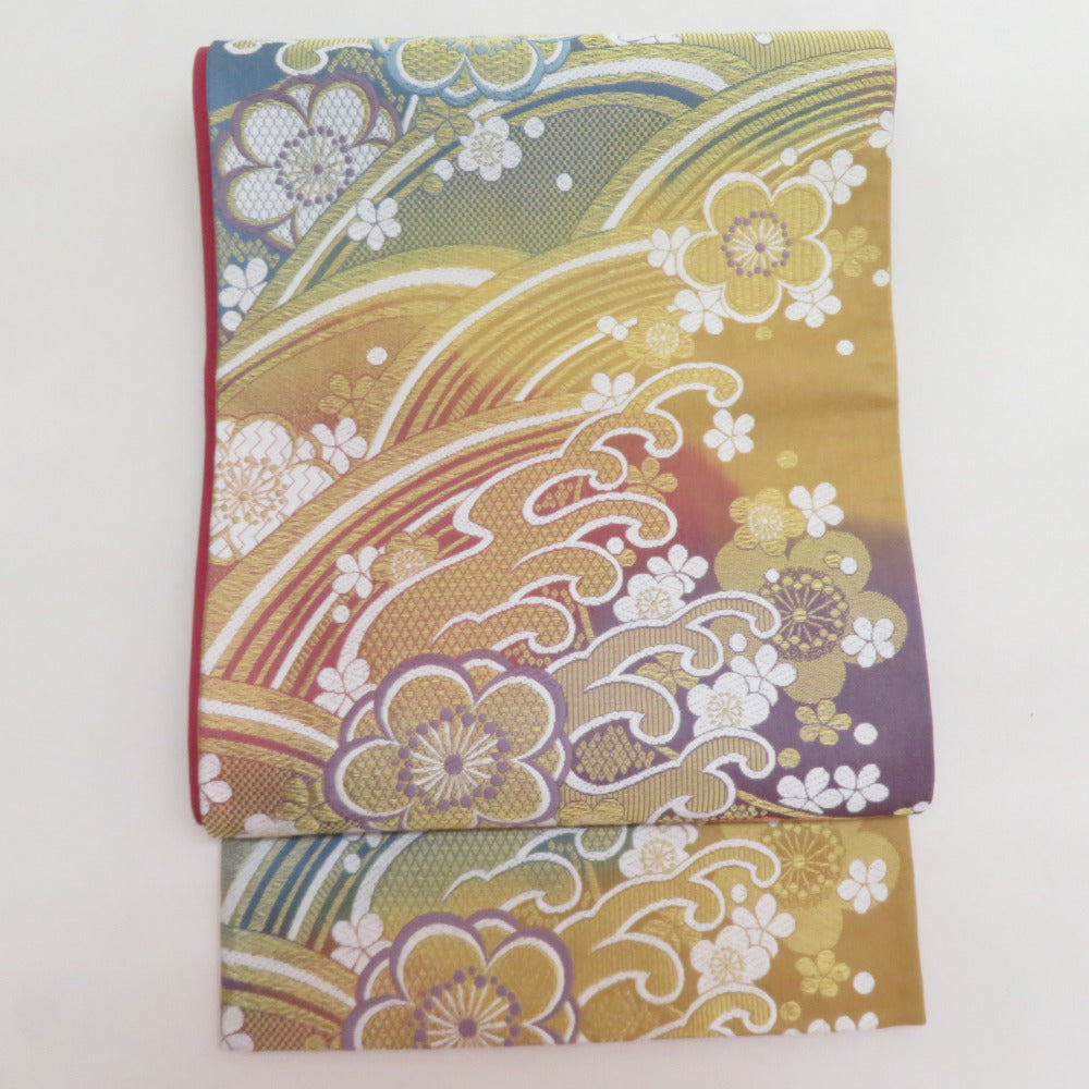 袋帯 洒落袋帯 正絹 唐草花文様 パステル系 ぼかし 薄紫色x白色x