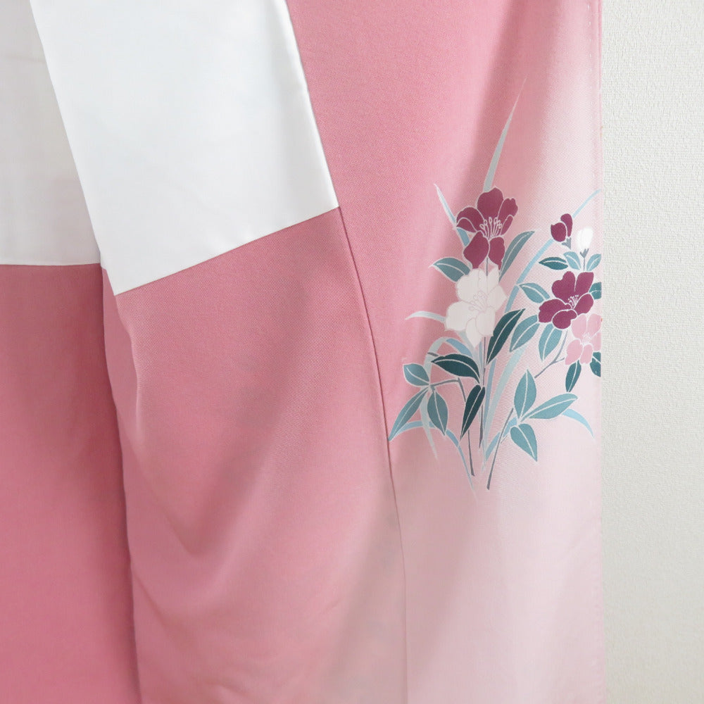 色留袖 花車文様 ピンク色x多色 箔入り 正絹 袷 広衿 三つ紋