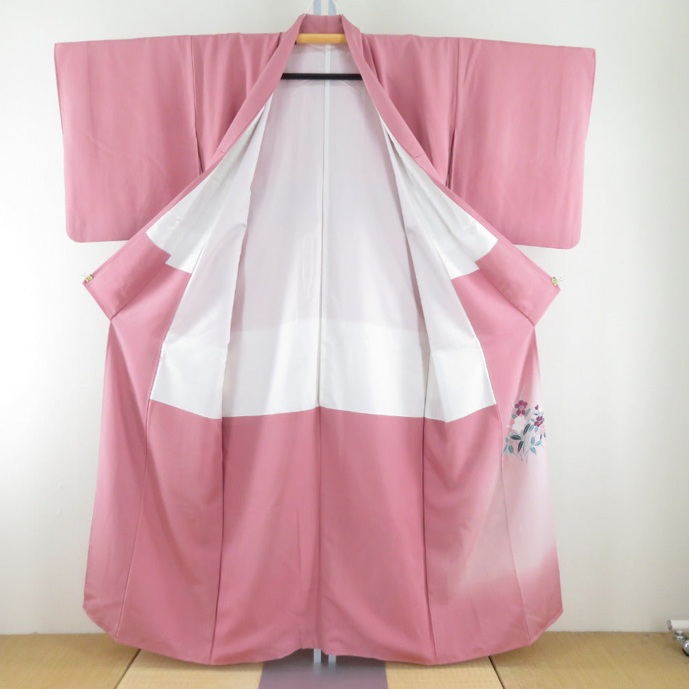 色留袖 花車文様 ピンク色x多色 箔入り 正絹 袷 広衿 三つ紋