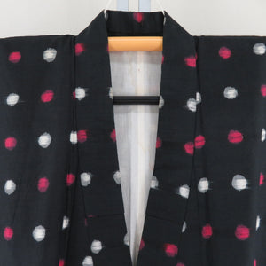 Antique Meisen Lined Bee Collar Black X Pink x White polka dot pattern Pure silk Retro Old Kimono 145cm