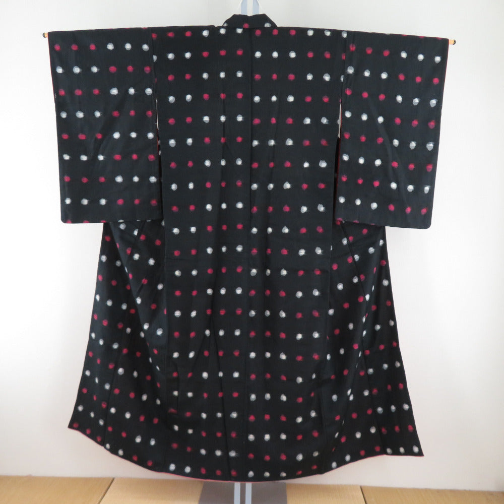 Antique Meisen Lined Bee Collar Black X Pink x White polka dot pattern Pure silk Retro Old Kimono 145cm