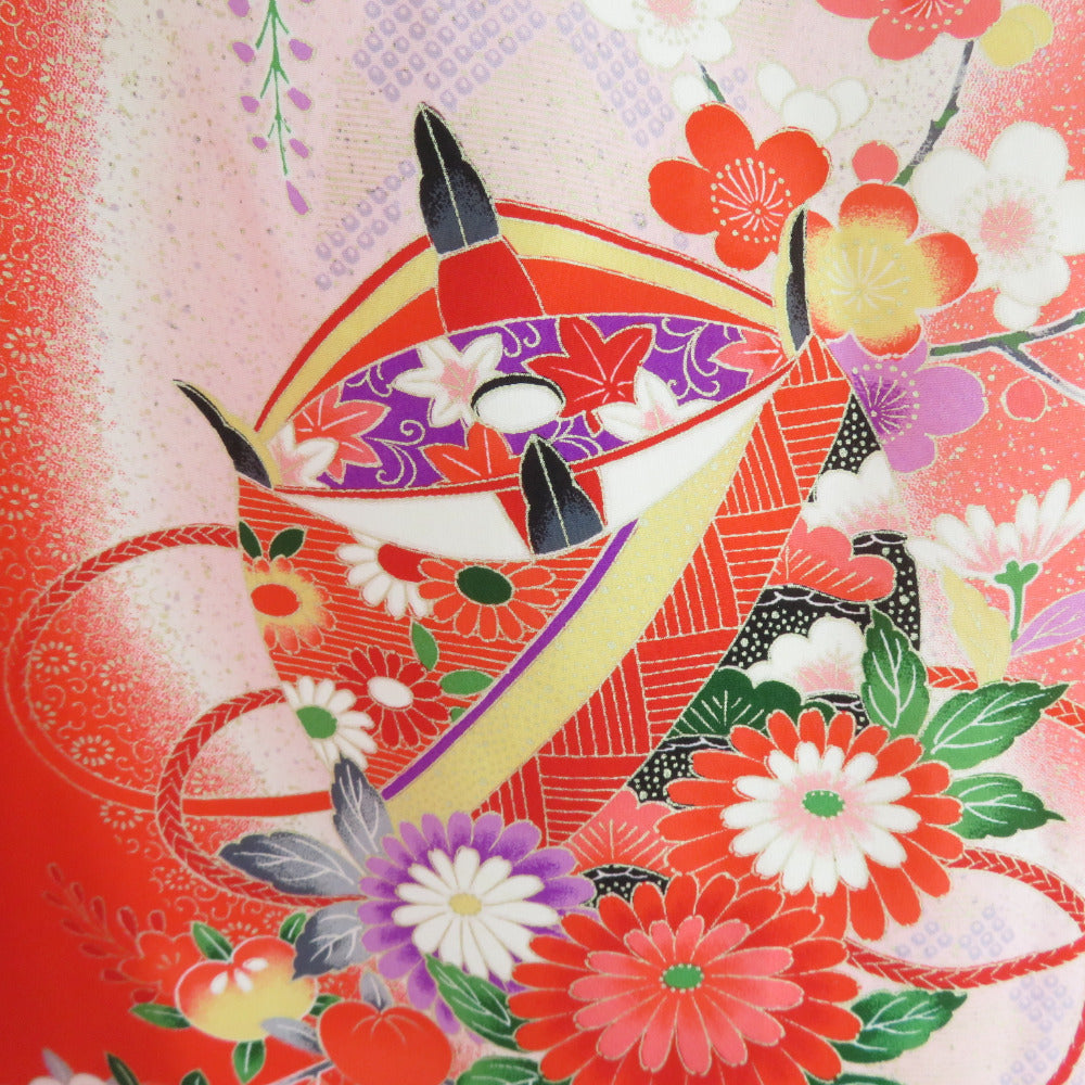 子供着物 襦袢付 女の子 一つ身 お宮参り 手毬柄 三歳 七五三 X-1007 子供着物 女の子用 一つ身 襦袢セット 赤色x多色 ぼかし染め 正絹 手毬に