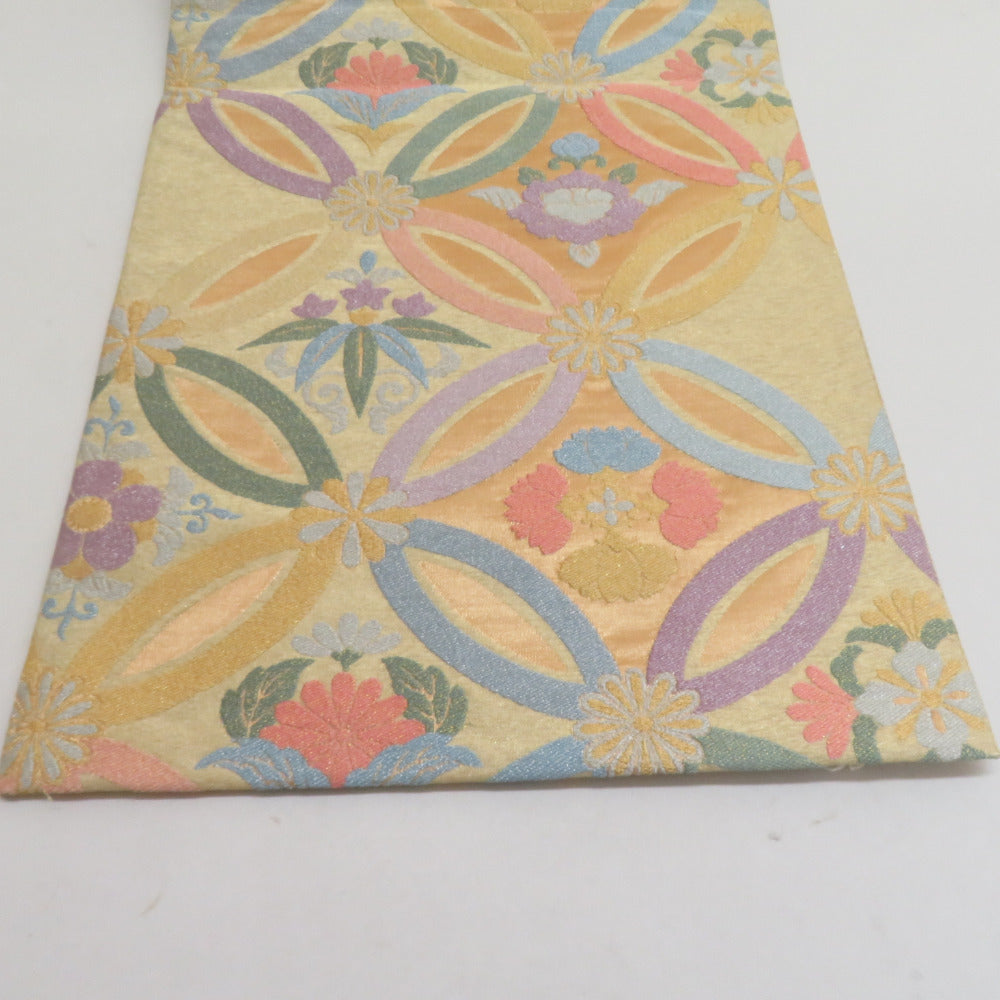 袋帯 七宝紋様 金糸 パステル系 ゴールド色x多色 六通柄 正絹 仕立て