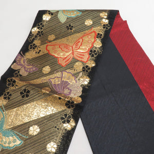 Bag Slow Sleeve Pure Silk Cherry blossoms Butterfly Crest Gold x Black x multi -colored gold thread 6 -pass formal tailoring kimono band length 440cm