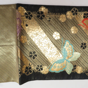 Bag Slow Sleeve Pure Silk Cherry blossoms Butterfly Crest Gold x Black x multi -colored gold thread 6 -pass formal tailoring kimono band length 440cm