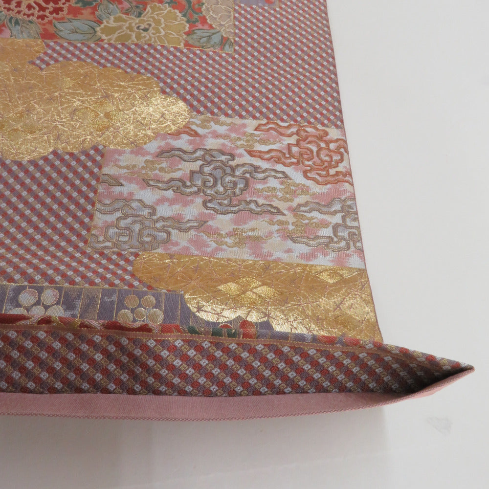 袋帯　六通　金糸　樹木柄　ピンクベージュ 袋帯 美品 秀品 樹木 花鳥 箔 金糸 金色 六通 正絹｜中古・古着