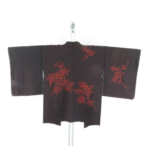 Haori Silk Dark Brown x Red Flowers Kimono Kimono Jacket Pustle -Yeah Tailored Light 78cm