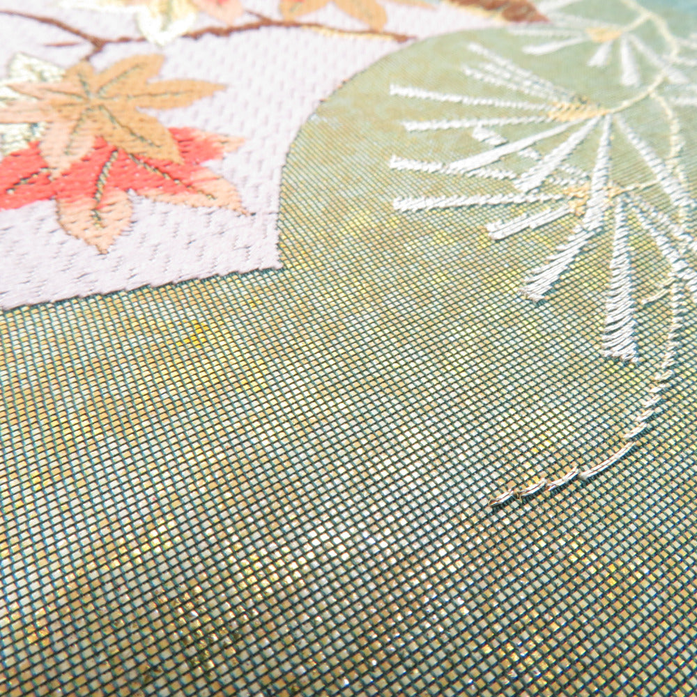 袋帯 グリーンxゴールドx多色 金糸 扇子に四季の花々紋様 六通柄