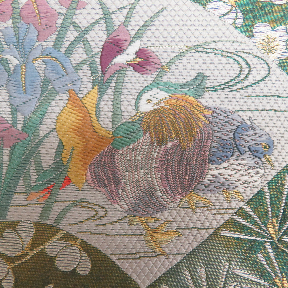 袋帯 グリーンxゴールドx多色 金糸 扇子に四季の花々紋様 六通柄