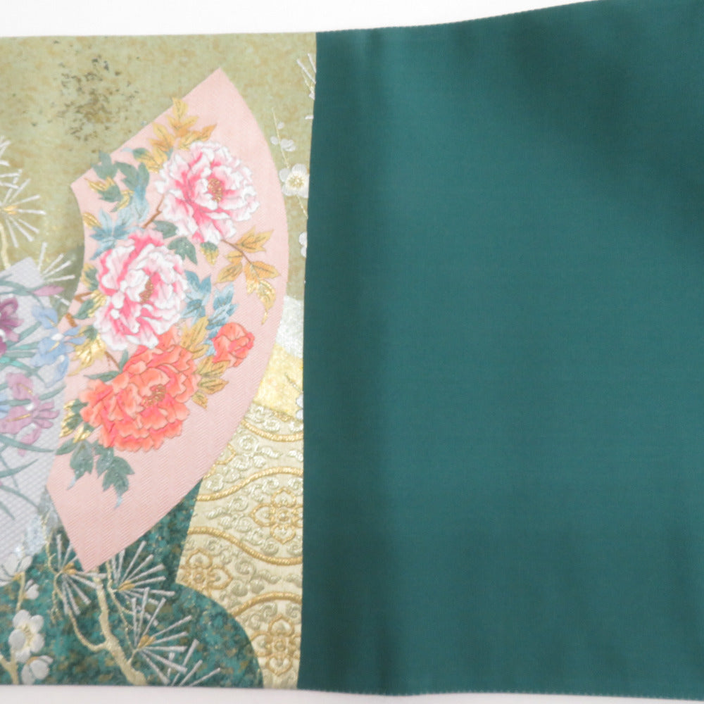 袋帯 グリーンxゴールドx多色 金糸 扇子に四季の花々紋様 六通柄
