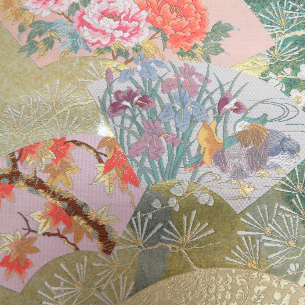 袋帯 グリーンｘゴールドｘ多色 金糸 扇子に四季の花々紋様 六通柄 正絹 仕立て上がり 着物帯 長さ445cm 【キモノオフ野々市若松店】 袋帯 グリーンxゴールドx多色 金糸 扇子に四季の花々紋様 六通柄