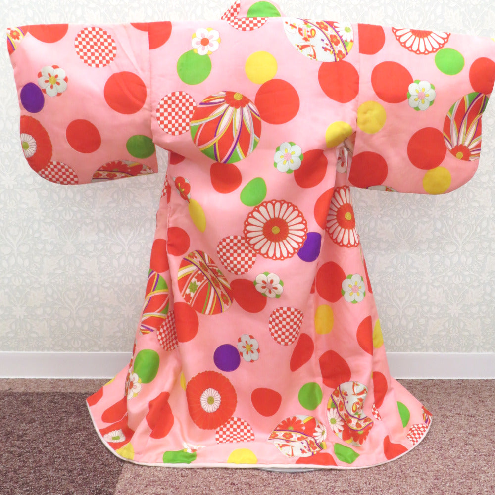 子供着物 アンティーク 昔 ピンク マルチカラー女児用 一つ身 てまり 