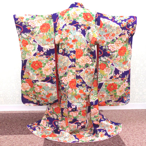 Children kimono Antique kimono kimono kimono kimono girl kimono girls' kimono girls, fresh flower pattern flower purple multi -color multi -color retro fashion Gorgeous total pattern 108cm