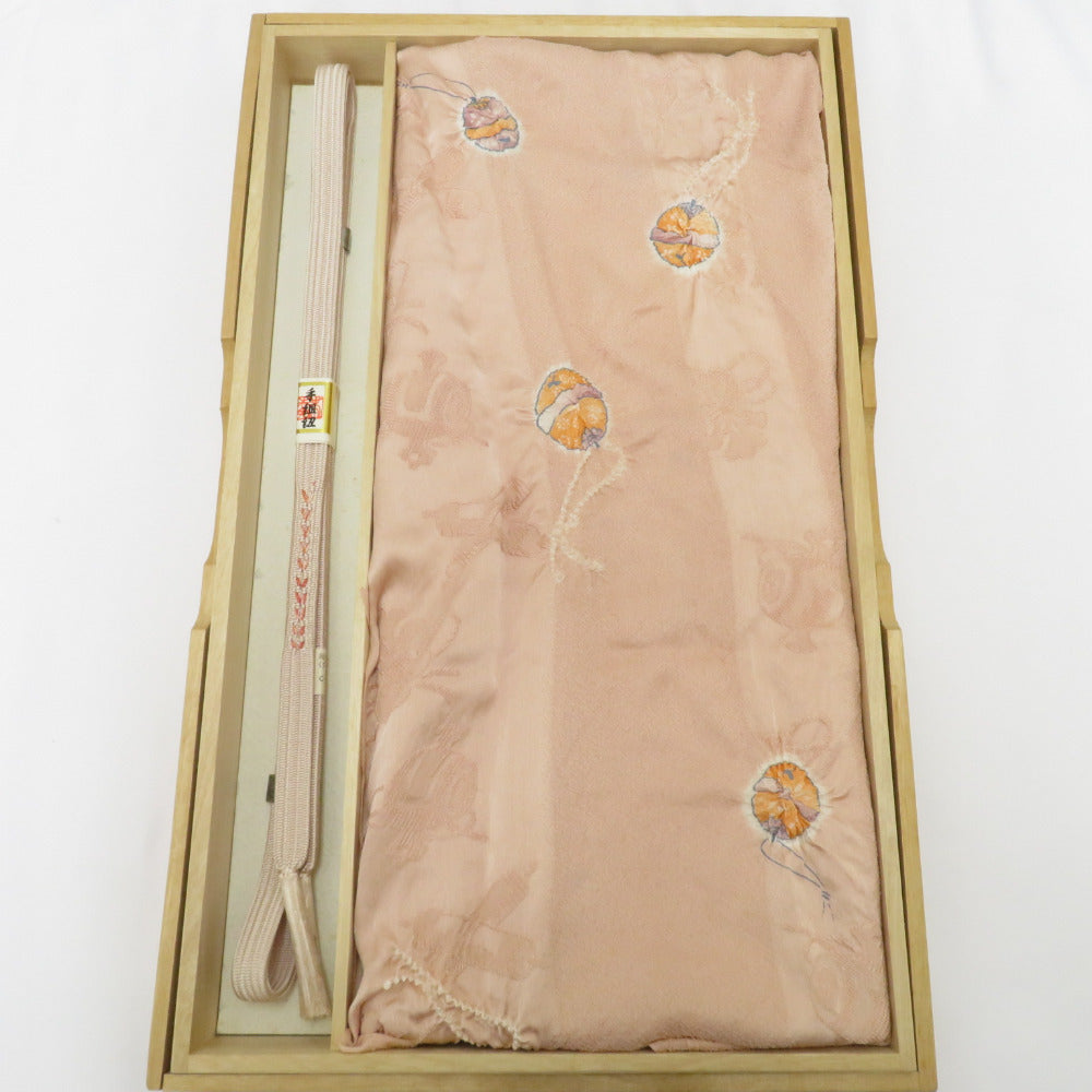 Obi tightening / obi -fried set Pure silk flat group pink bells pattern 100% Kimono accessory box Introduction 〆 M size