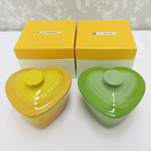 LE CREUSET Le Cruzet Tableware Ramkan Damour Small Bowl Lid Heart -type yellow light green 2 pieces Oven Oven range available unused item