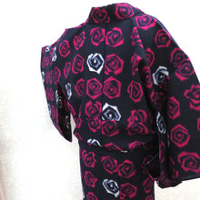 Load image into Gallery viewer, Wool kimono rose pattern Rose pattern Navy blue white pink single garment rose collar rose casual kimono kimono tailor -made gorgeous Japanese and western mix 150.5cm