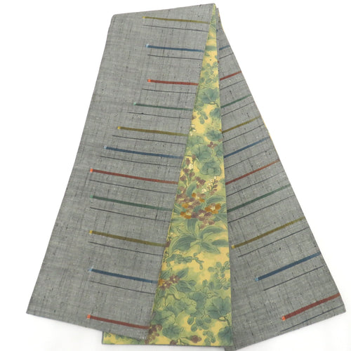 Half -width belt reverseable half width pure silk width: about 16cm x length: about 400cm pongee x Komon gray x yellow green line pattern x flower pattern fine zone belt belt belt Original tailoring length 400cm