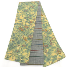 Load image into Gallery viewer, Half -width belt reverseable half width pure silk width: about 15.5cm × Length: about 380cm Komon x pongee yellow green × gray flower pattern × line pattern fine zone small zone belt Original tailoring length 380cm