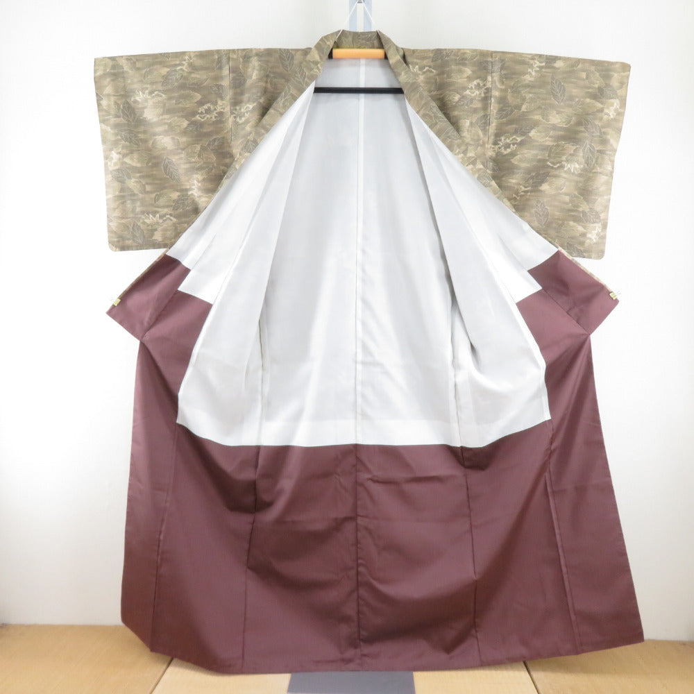 紬 着物 葉っぱ模様 正絹 薄茶色x砂折 袷 広衿 カジュアル 仕立て