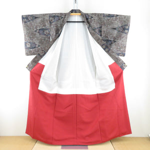 紬 着物 大島紬 カタス式 重ね菱に花に花模様 茶色ｘ紺色ｘ緑色 正絹 袷 バチ衿 カジュアル 仕立て上がり着物 身丈159cm