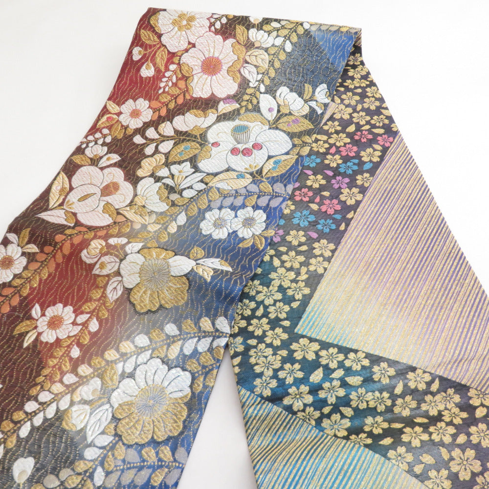 袋帯 振袖用 花紋様 金糸銀糸 ラメ糸 青x朱色x金 リバーシブル 六通