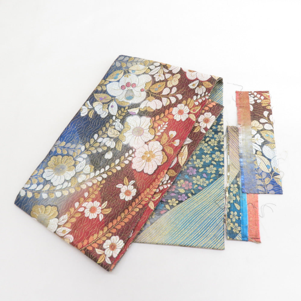 Vehicle band kimono kimono gold silver thread lame yarn blue x vermilion x gold reversible six -handed pattern pure silk tailoring kimono length 440cm