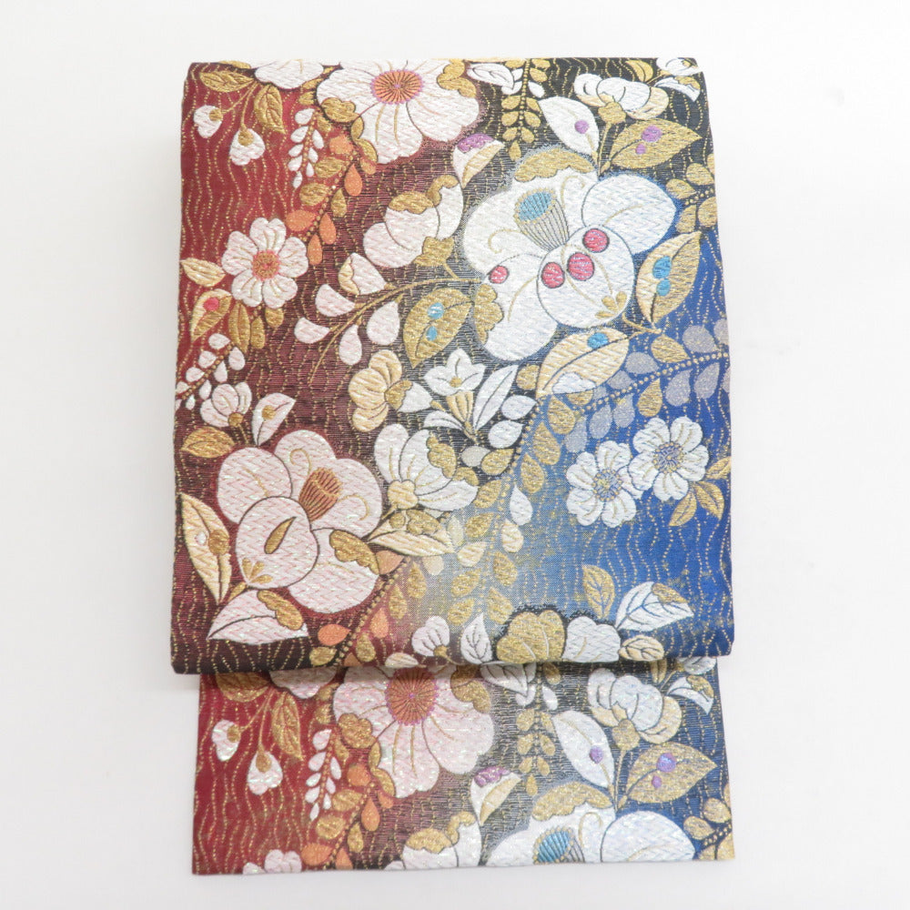 袋帯 振袖用 花紋様 金糸銀糸 ラメ糸 青x朱色x金 リバーシブル 六通