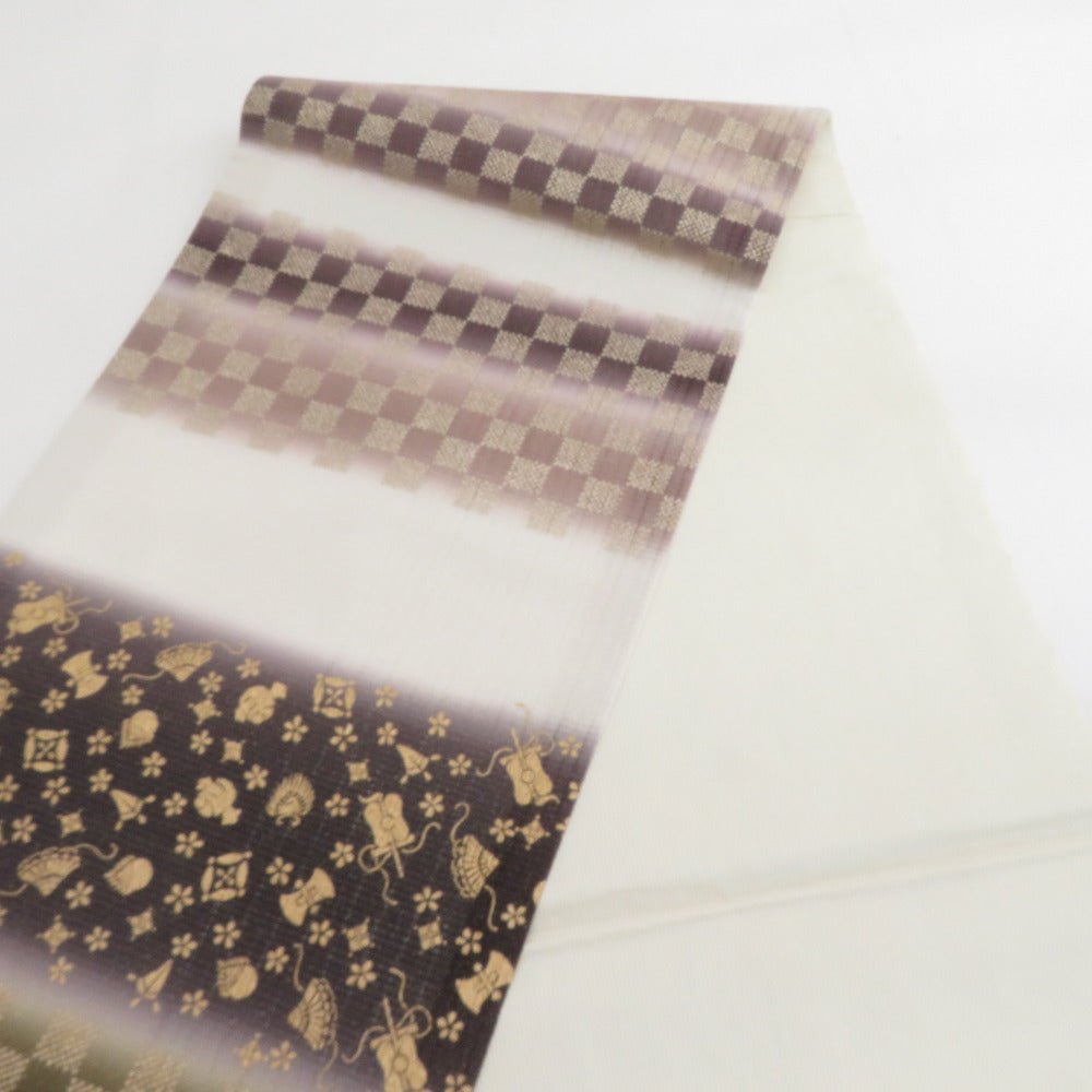 袋帯 善之助ブランド 一期一会 市松に宝尽くし 全通柄 金xベージュx