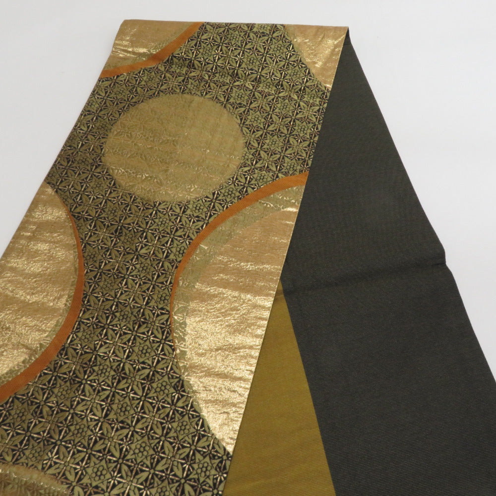 袋帯 全通柄 丸模様 金x黒x黄色 金糸 六通柄 正絹 仕立て上がり 着物