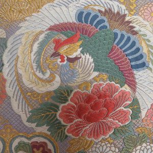 袋帯 華文に尾長鳥紋様 薄紫ｘ金色ｘ多色 金糸 六通柄 正絹 仕立て上がり 着物帯 長さ448cm