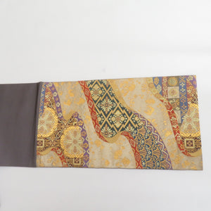 袋帯 華文紋様 金ｘ多色 金糸 六通柄 正絹 仕立て上がり 着物帯 長さ448cm