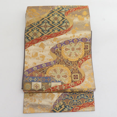 Vehicle belt crested gold x multicolor gold thread six -handed pattern pure silk tailoring kimono length 448cm
