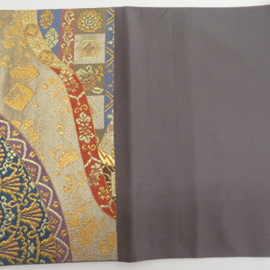 袋帯 華文紋様 金ｘ多色 金糸 六通柄 正絹 仕立て上がり 着物帯 長さ448cm