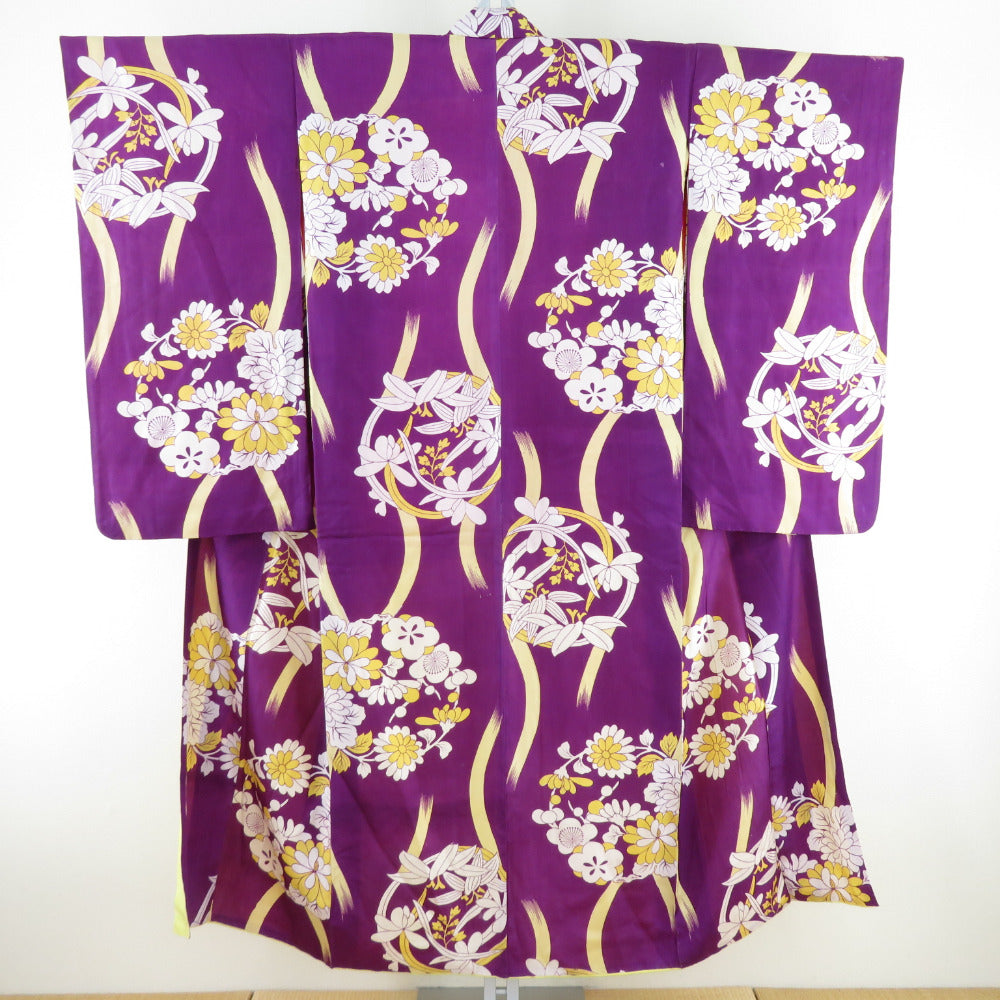 小紋 アンティーク 花丸文 染め文様 袷 バチ衿 正絹 紫色 仕立て上がり 