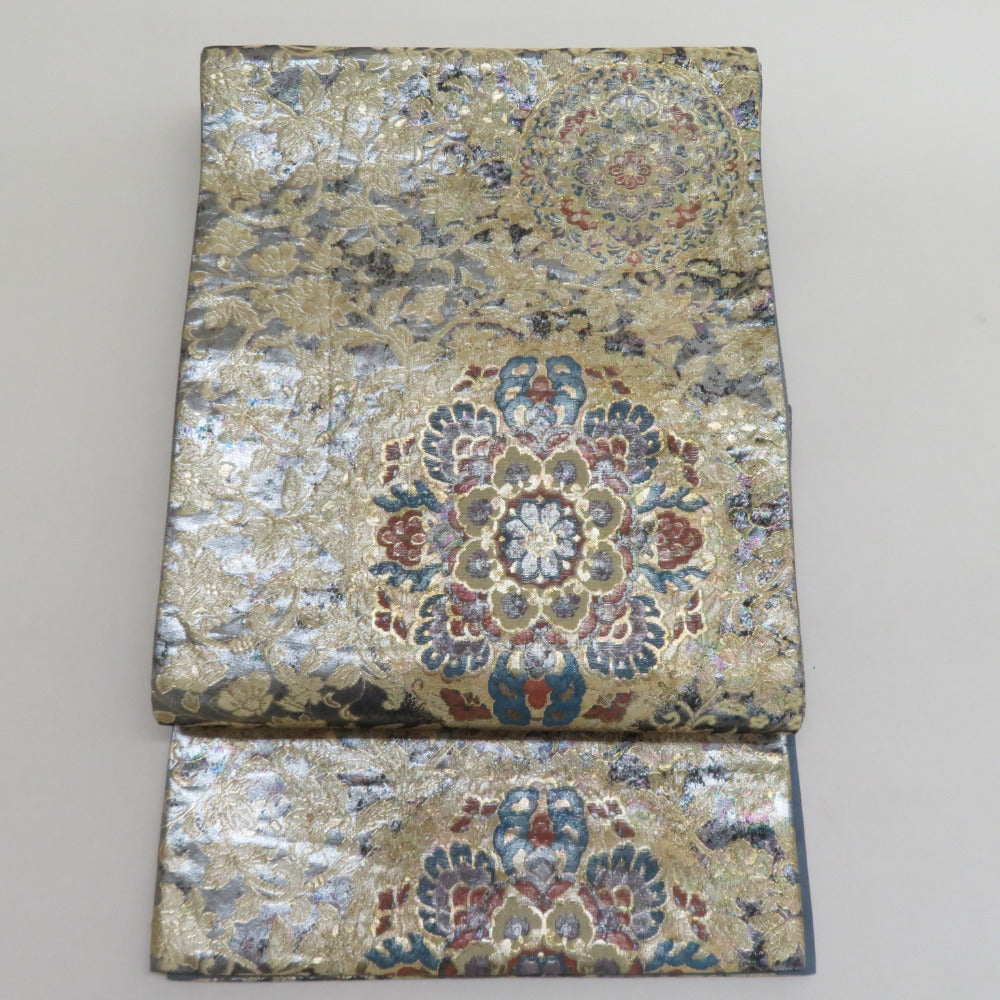 Bag Sold silver thread Gold silver thread lame galle crest gray x gold x multi -colored all pattern pure silk tailoring kimono length 440cm