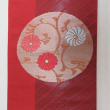 Load image into Gallery viewer, Chrysanthemum crest brick color x vermilion gold silver yarn on Nagoya obi pure silk circle