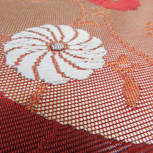 Load image into Gallery viewer, Chrysanthemum crest brick color x vermilion gold silver yarn on Nagoya obi pure silk circle