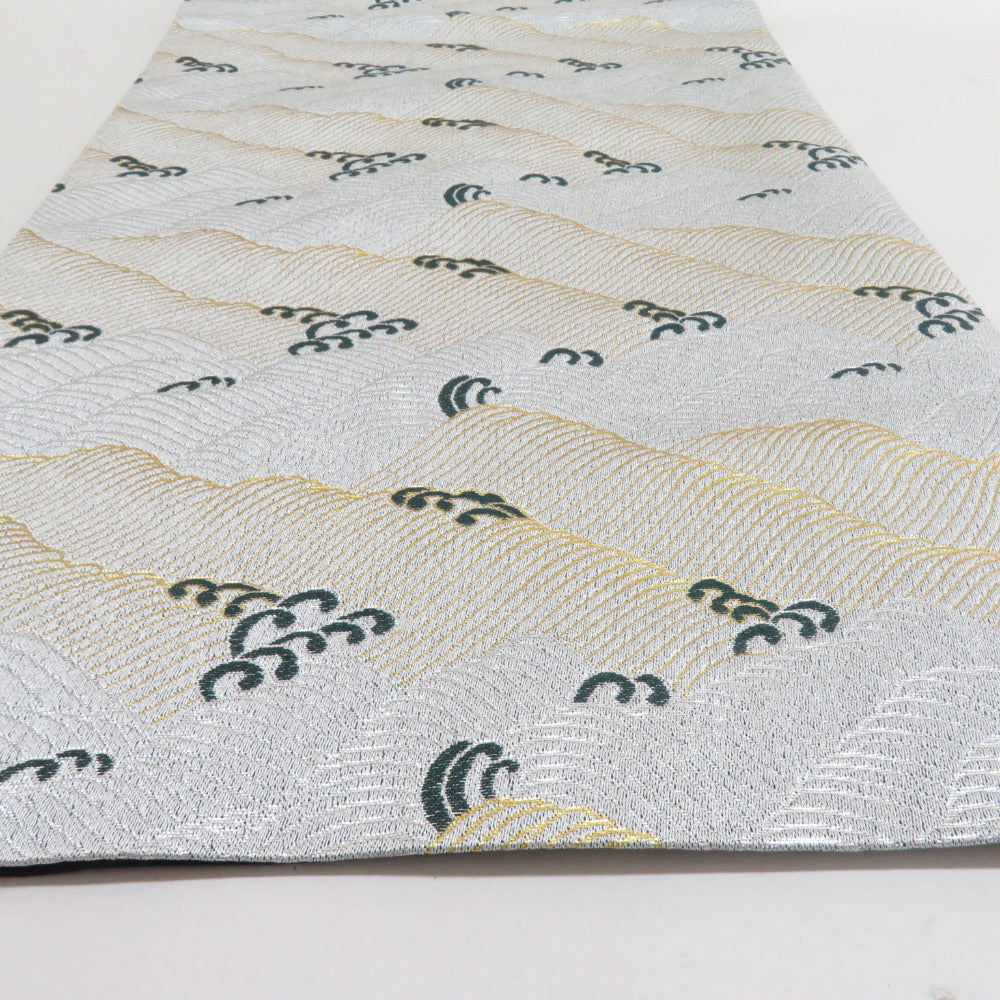 京袋帯 ポリエステル 波模様 市松模様 金糸銀糸 金x緑x黒 カジュアル