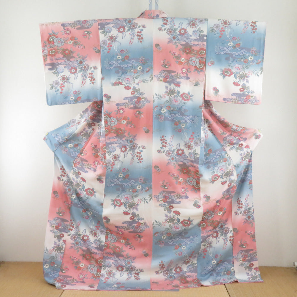 小紋 霧に花模様 ぼかし染め 青xピンク 箔入り 紗綾形地紋 金x銀 袷