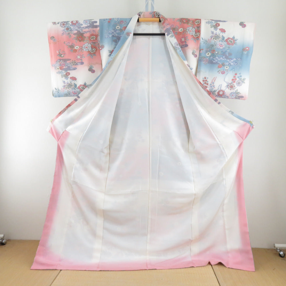 小紋 霧に花模様 ぼかし染め 青xピンク 箔入り 紗綾形地紋 金x銀 袷