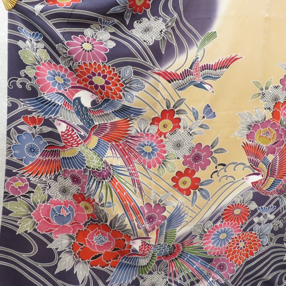 振袖 正絹 サーモンピンク×ベージュ×紫 型染め 風景 花々 袷 広衿 成人式 卒業式 舞台衣装 フォーマル 仕立上り 着物 紅型調 花鳥 身丈174.8cm 振袖 正絹 サーモンピンク×ベージュ×紫 型染め 風景 花々 袷 広衿 成人