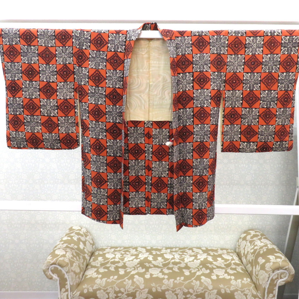 羽織 アンティーク 昔羽織 正絹 オレンジ 黒 白 市松 ブロックチェック