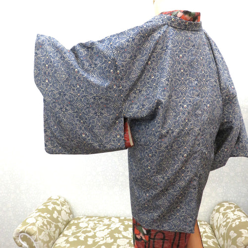 Haori Antique old silk pure silk blue thin ivory tea plant lace style design retro Meiji / Taisho romantic modern Japanese western mix 77.5cm