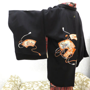 Haori Antique Freight Haori Hahaori Pure Silk Black Orange Blue Cream Green Fan Retro Meiji / Taisho Roman Modern Japanese Western Mix 81.3cm
