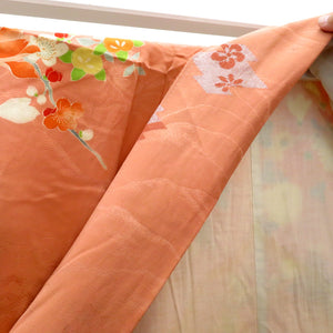 Visit clothes Antique old Kimono difficult with kimonos with orange pink multi -colored piles Peacock flower thread Retro Meiji / Taisho roman formal display remake 154.5cm