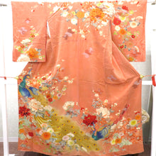 Load image into Gallery viewer, Visit clothes Antique old Kimono difficult with kimonos with orange pink multi -colored piles Peacock flower thread Retro Meiji / Taisho roman formal display remake 154.5cm