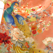 Load image into Gallery viewer, Visit clothes Antique old Kimono difficult with kimonos with orange pink multi -colored piles Peacock flower thread Retro Meiji / Taisho roman formal display remake 154.5cm