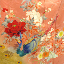 Load image into Gallery viewer, Visit clothes Antique old Kimono difficult with kimonos with orange pink multi -colored piles Peacock flower thread Retro Meiji / Taisho roman formal display remake 154.5cm