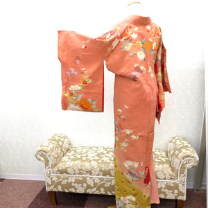 Visit clothes Antique old Kimono difficult with kimonos with orange pink multi -colored piles Peacock flower thread Retro Meiji / Taisho roman formal display remake 154.5cm